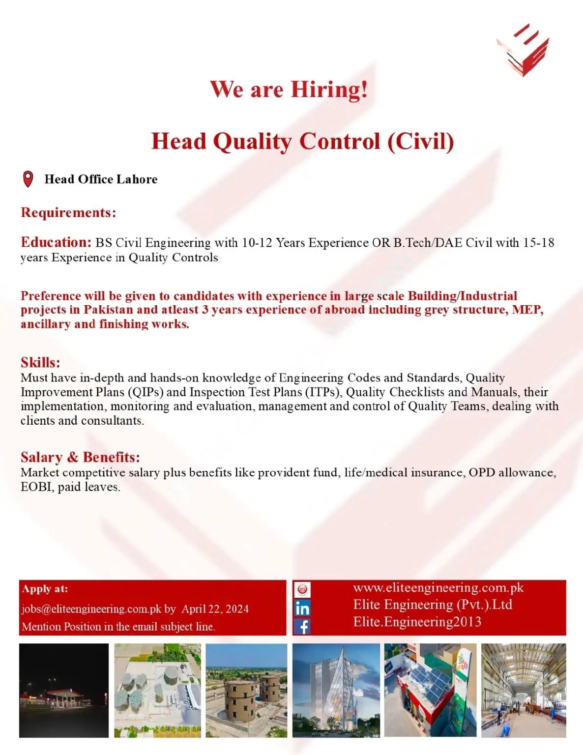 Elite Engineering Pvt Ltd Jobs Head Quality Control (Civil) 2024