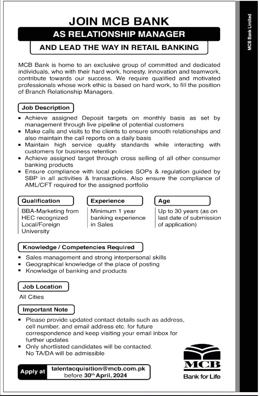 MCB Relationship Manager Jobs 2024
